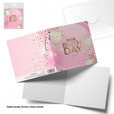 Carte de voeux carrée rose joyeux anniversaire or