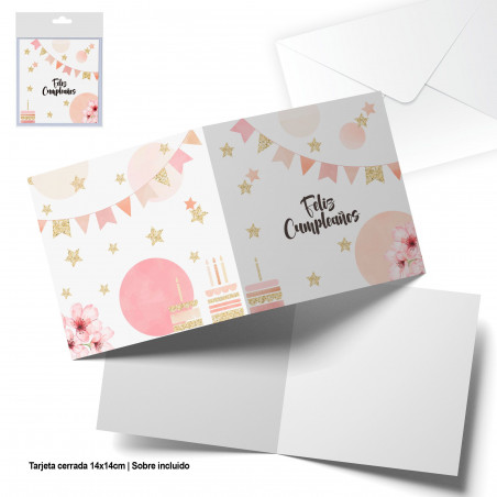 Carte de vœux carrée aquarelle et paillettes dorées joyeux anniversaire.