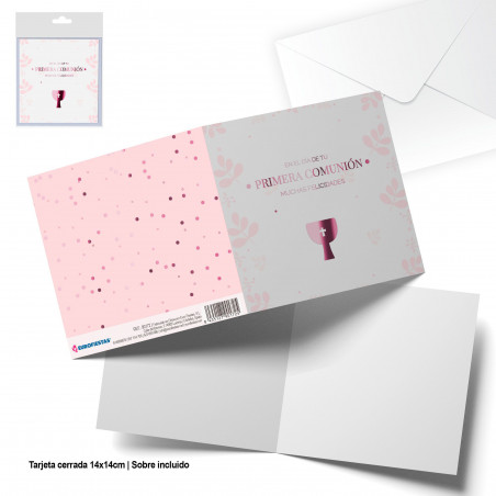 Carte de félicitations carrée communion calice rose.