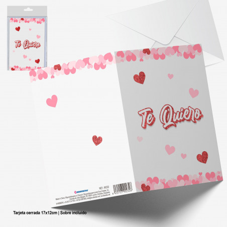 Carte de vœux blanche avec des cœurs rouges pailletés Je t'aime