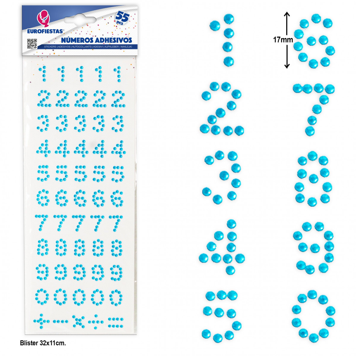 Numéros autocollants bleu ciel pour personnaliser, Pack de 55 unités