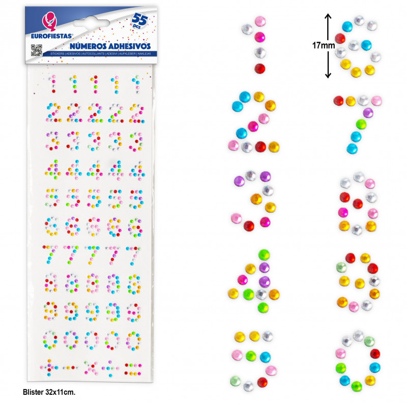 Numéros autocollants multicolores, ensemble de 55 unités avec des paillettes pour les loisirs créatifs.