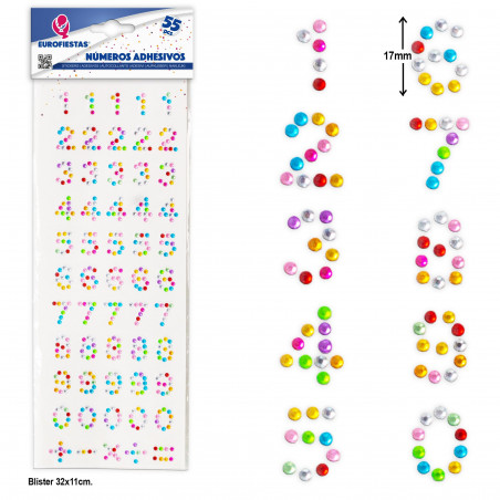 Numéros autocollants multicolores, ensemble de 55 unités avec des paillettes pour les loisirs créatifs.