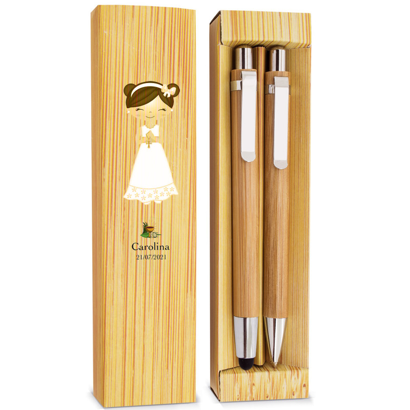 Stylo à bille et porte-mine dans un étui en carton personnalisé avec des autocollants de communion