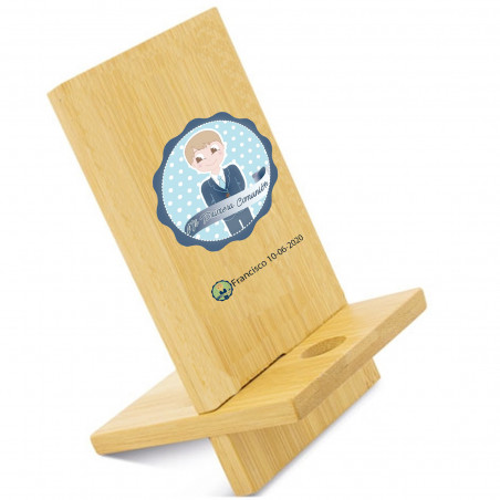 Support téléphone portable en bois personnalisé avec autocollant communion garçon