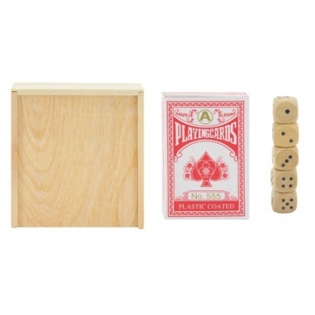 Jeu de dés et de cartes dans une boîte en bois avec des autocollants de mariage personnalisés