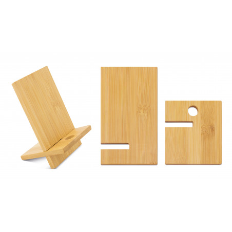 Support de téléphone portable en bois présenté avec des autocollants de mariage personnalisés et un coffret cadeau