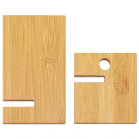 Support de téléphone portable en bois présenté avec des autocollants de mariage personnalisés et un coffret cadeau