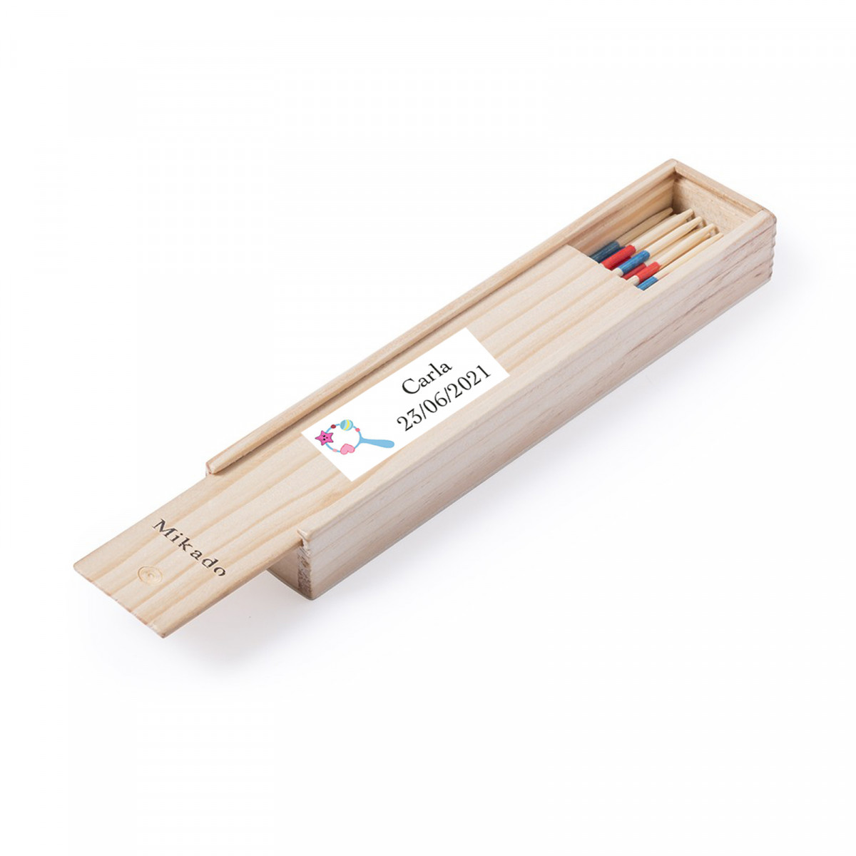 Coffret mikado personnalisé avec autocollant de baptême