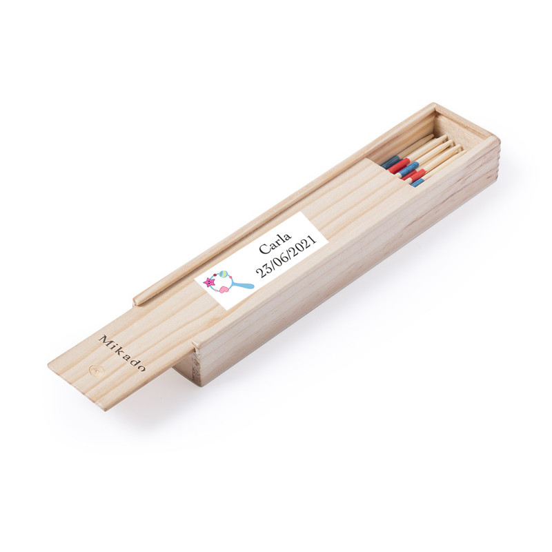 Coffret mikado personnalisé avec autocollant de baptême