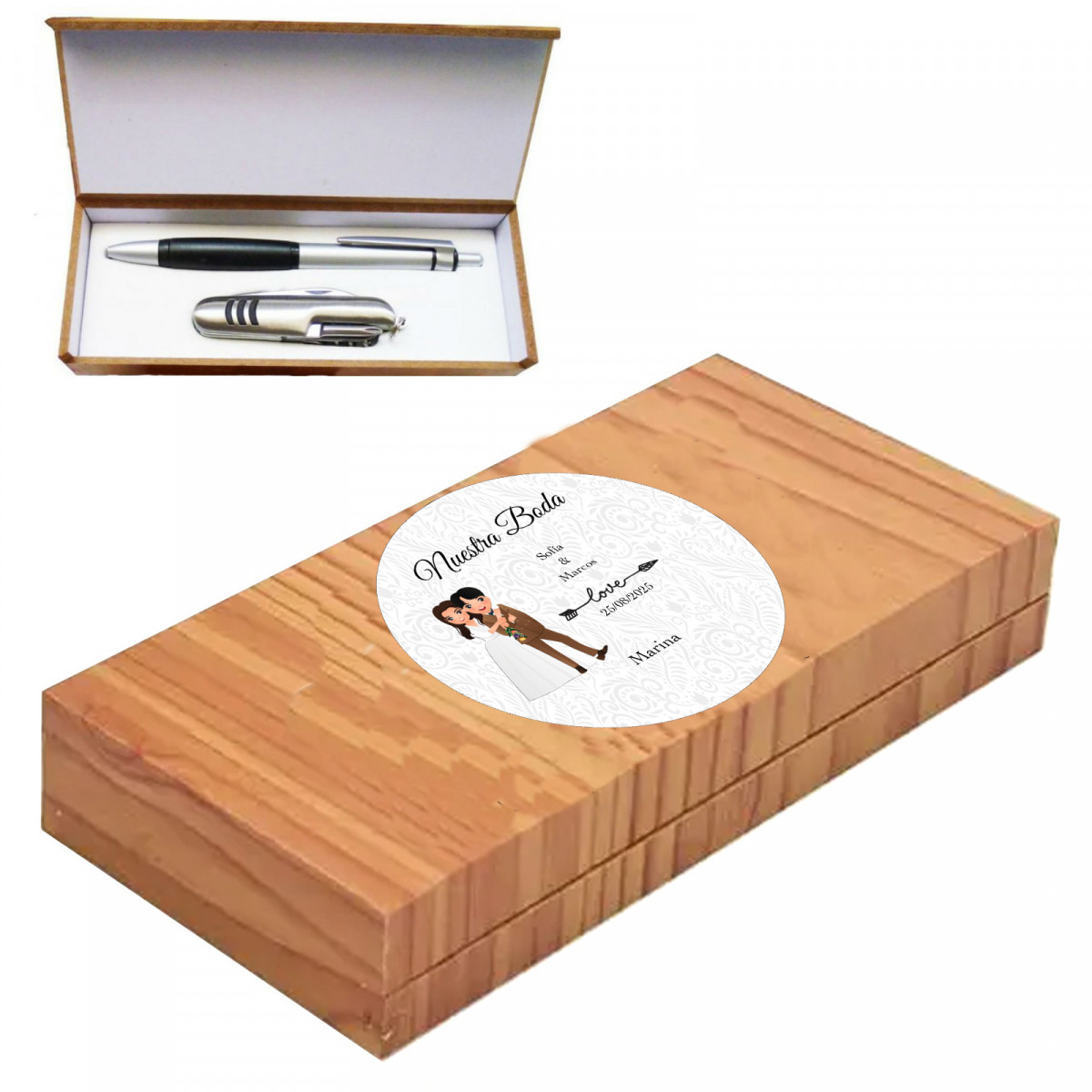 Stylo avec couteau dans une boîte en bois avec adhésif personnalisable pour les mariages