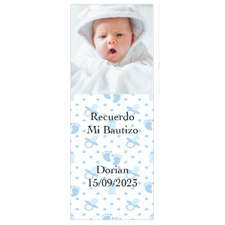 Carnet en carton recyclé avec autocollant personnalisé avec photo et texte pour le baptême d un garçon