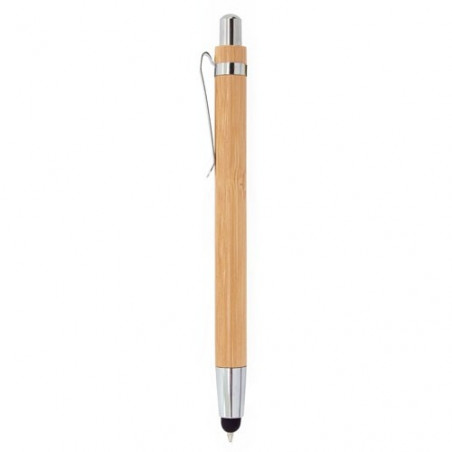 Stylo tactile présenté dans une boîte en bambou avec des autocollants de mariage