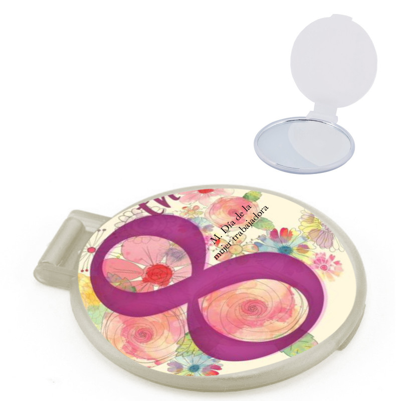 Miroir de poche blanc avec autocollant personnalisé pour les cadeaux de la Journée internationale de la femme.