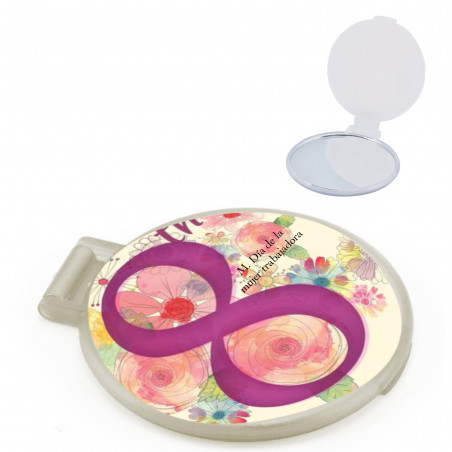 Miroir de poche blanc avec autocollant personnalisé pour les cadeaux de la Journée internationale de la femme.