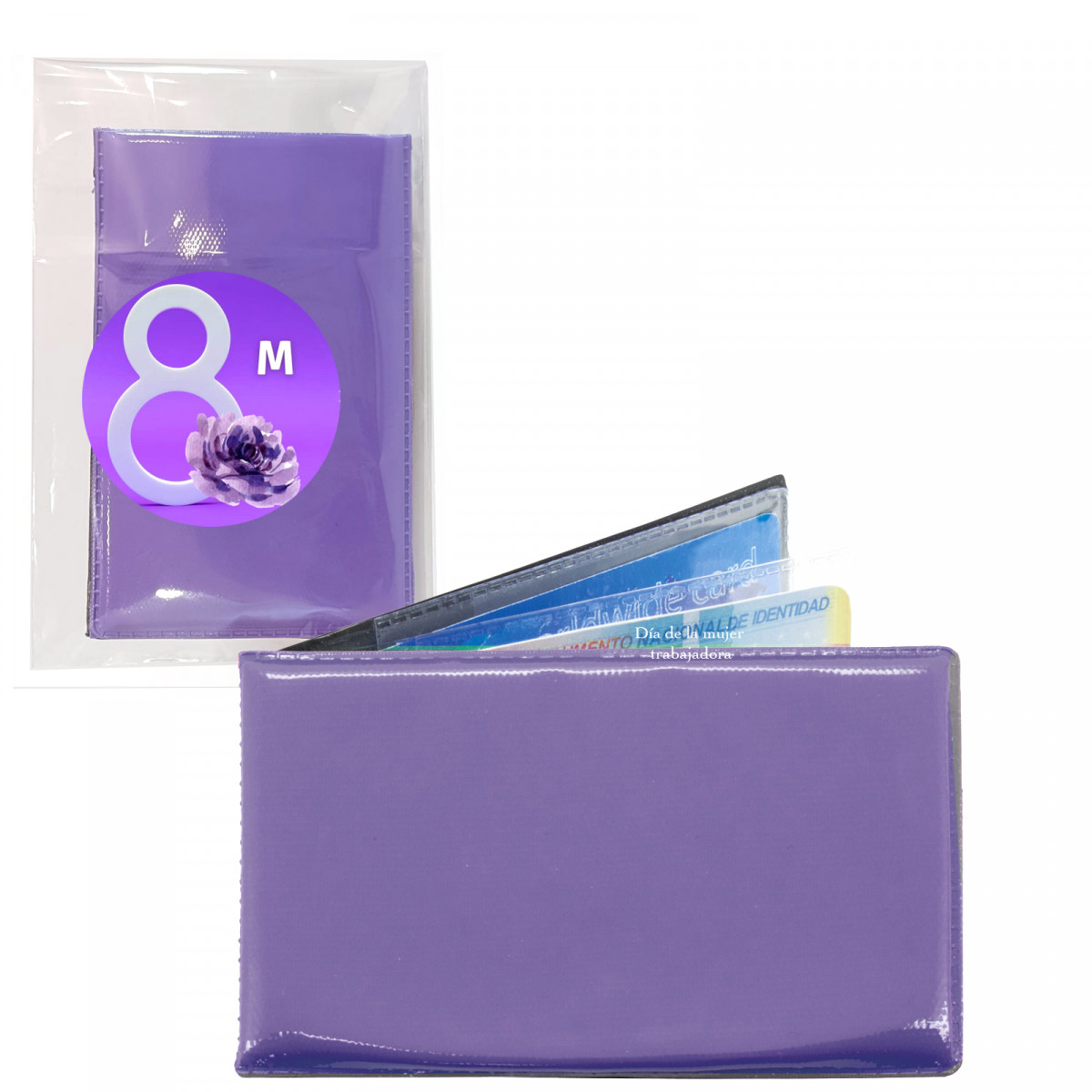 Porte cartes pour femme de couleur lilas présenté dans un sachet transparent avec autocollant image