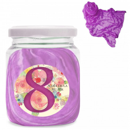 Foulard femme lilas dans un pot transparent avec adhésif à personnaliser pour la journée de la femme.