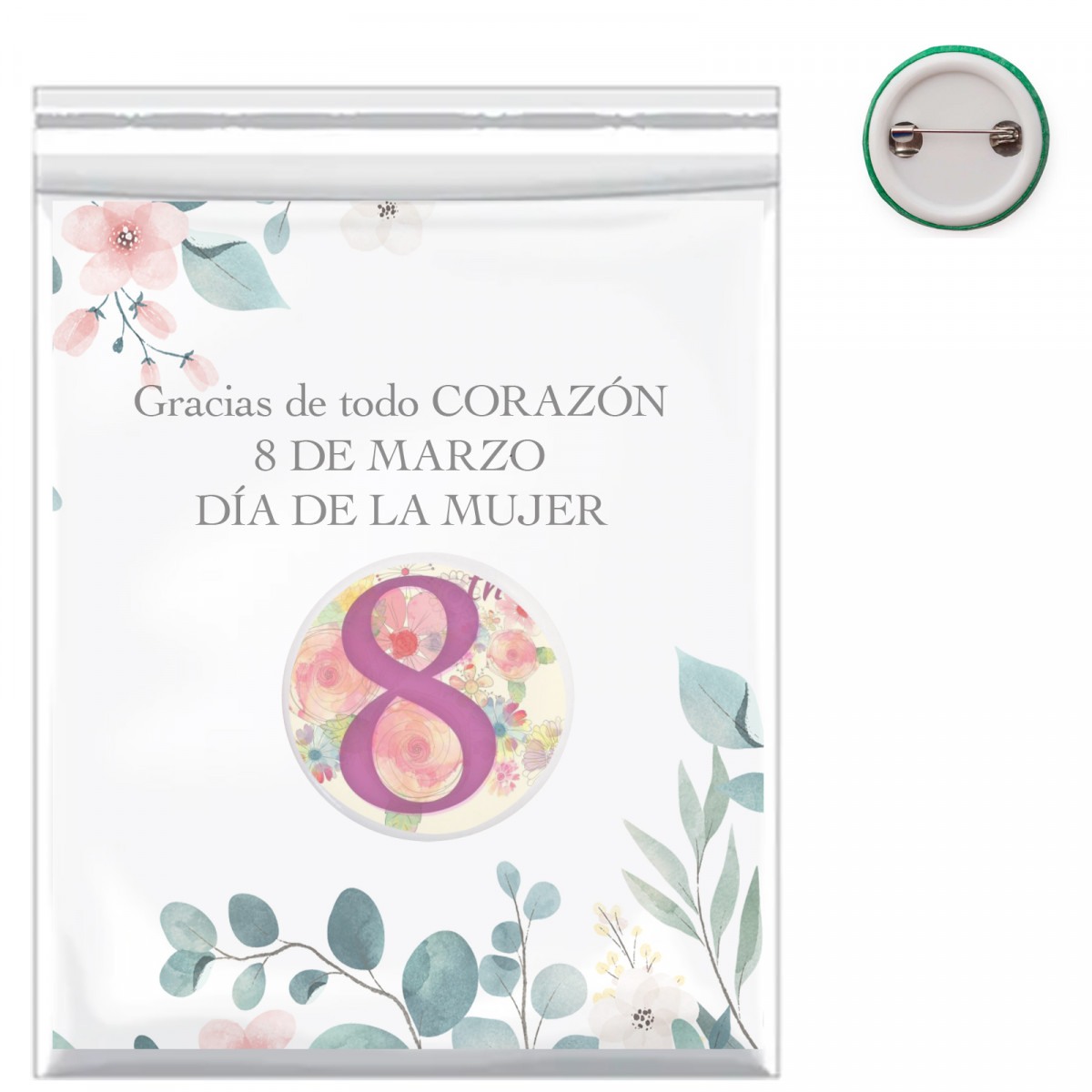 Badge personnalisé avec adhésif avec image et carte de dédicace dans un sac PVC comme détail