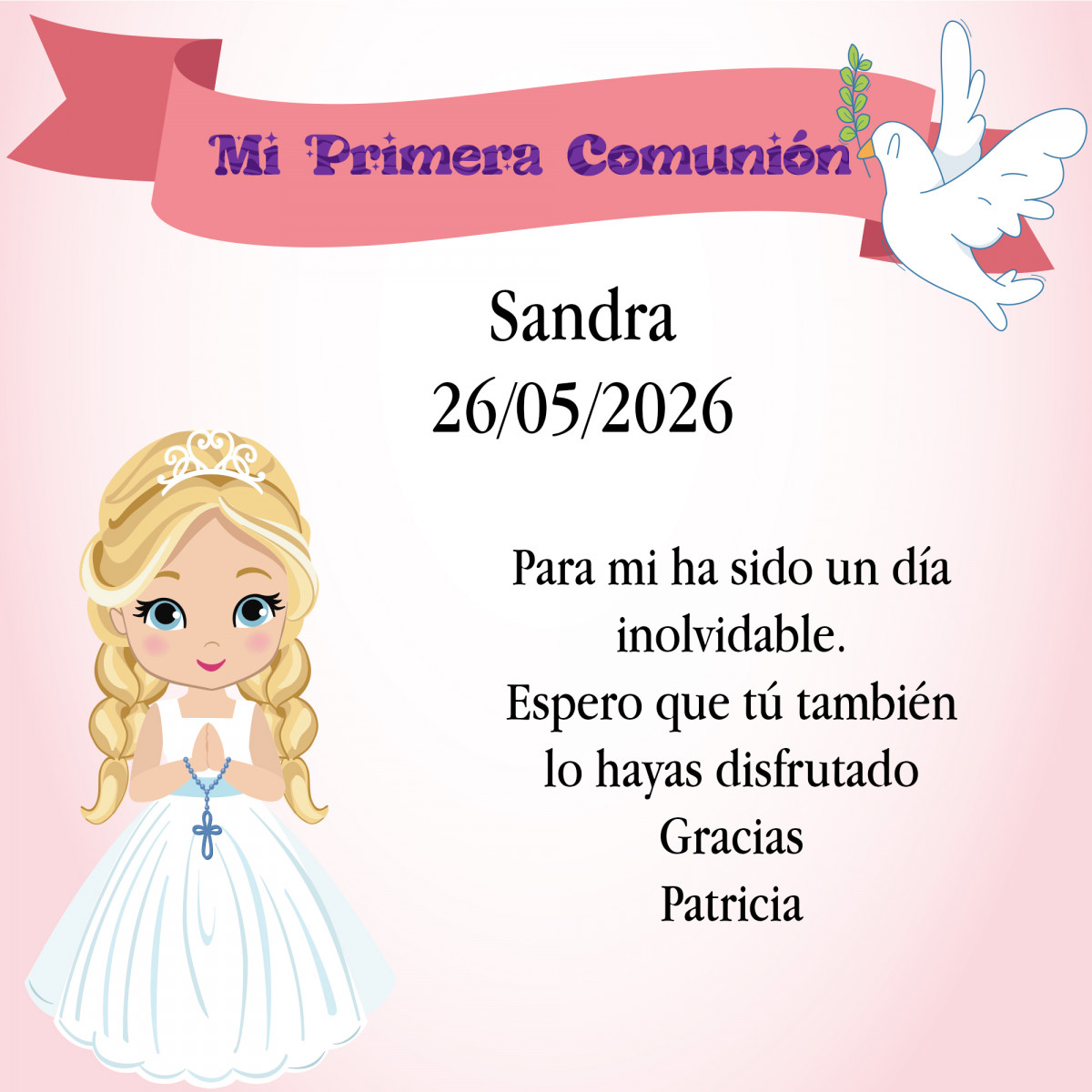 Grande carte de remerciement avec le nom de l'invité pour la communion d'une fille