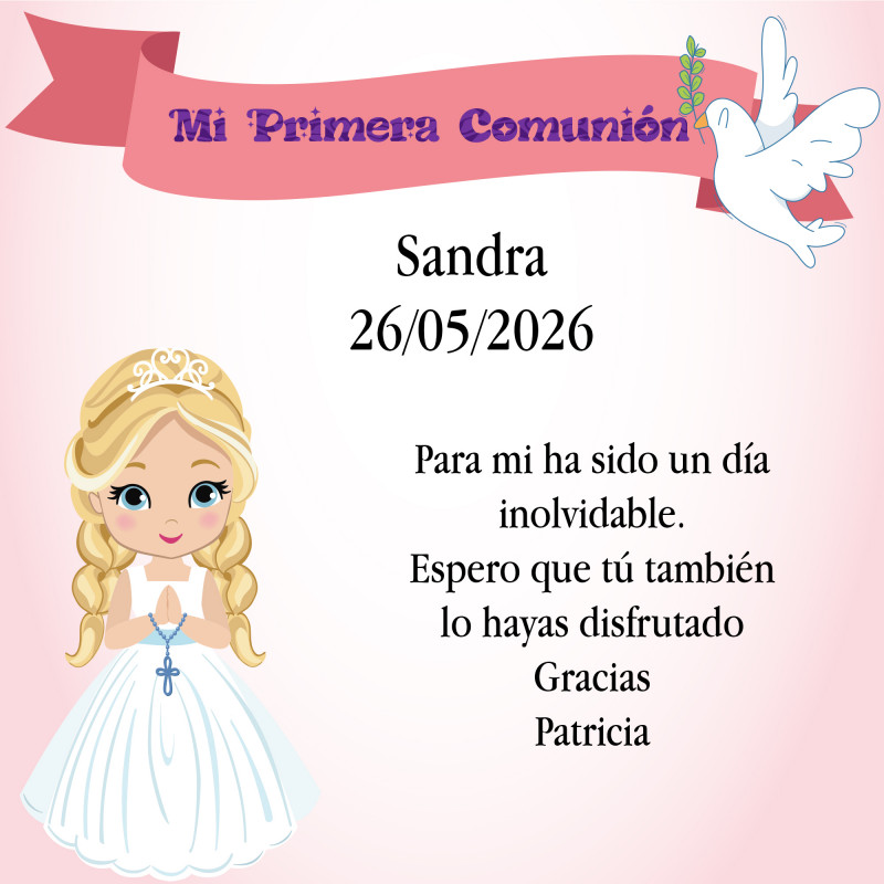 Grande carte de remerciement avec le nom de l'invité pour la communion d'une fille