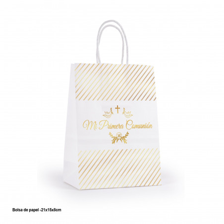 Cadre photo doré avec sac en papier cadeau pour communion et autocollant personnalisé