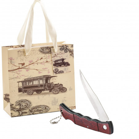 Couteau de poche avec manche en bois dans un sac cadeau vintage