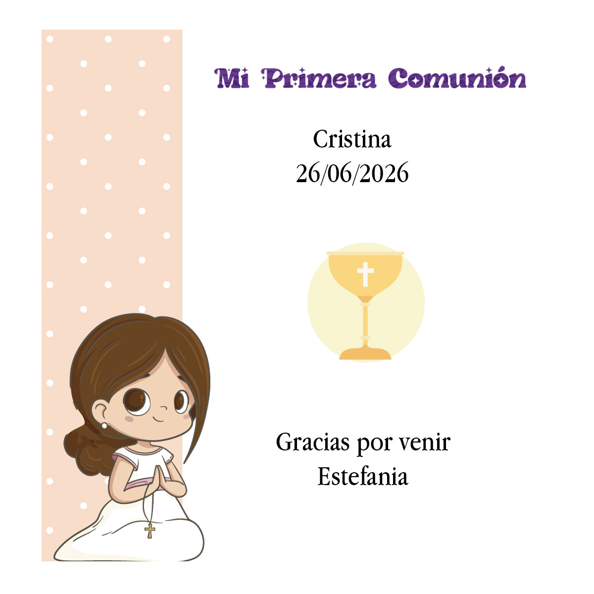 Carte de remerciement de première communion à personnaliser avec le nom de l'invité