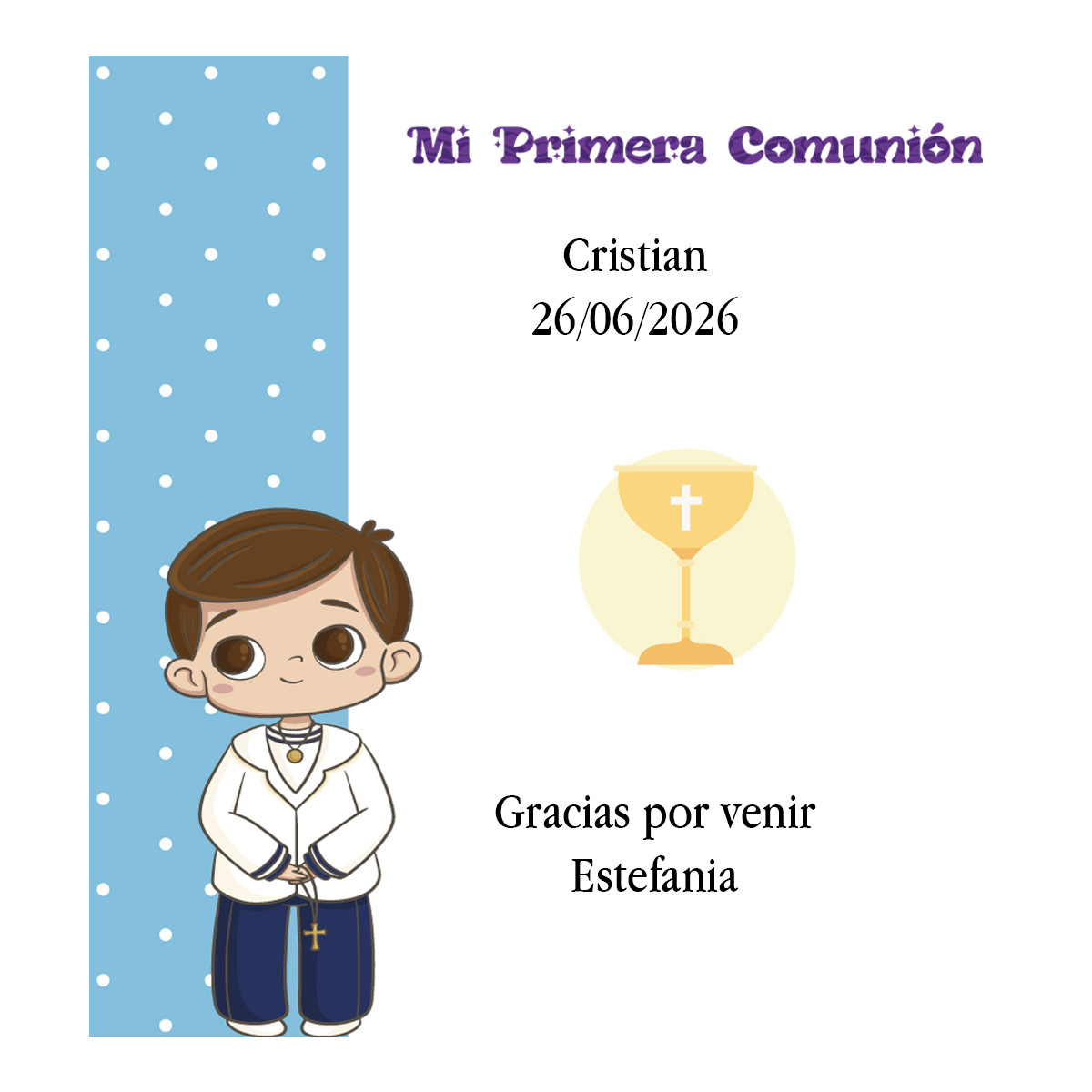 Carte de remerciement de première communion personnalisée pour un garçon avec le nom de l'invité