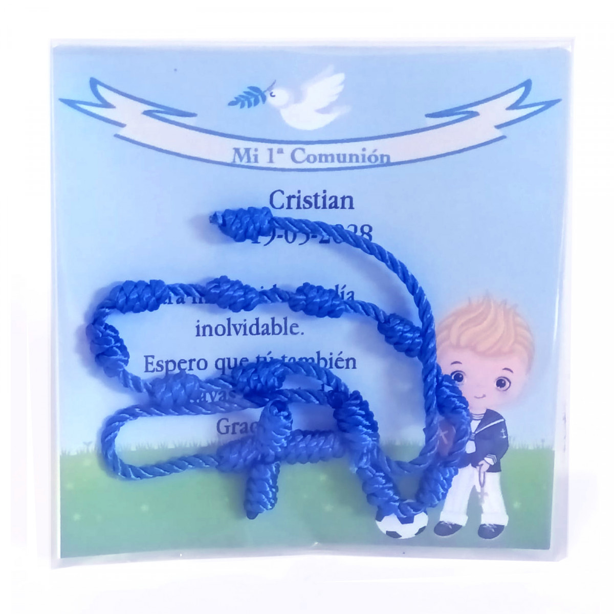 Chapelet de jeunesse en cordon bleu avec une carte de communion personnalisée pour la dédicace