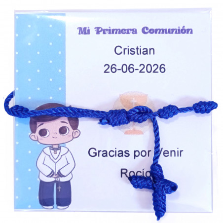 Bracelet de communion pour garçon présenté dans un sac avec une carte de remerciement