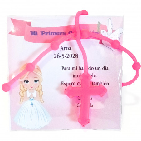 Bracelet chapelet rose avec carte de communion avec dédicace