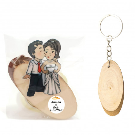 Porte-clés en bois dans un sac transparent et autocollant de mariage