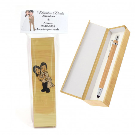 Stylet en bois dans un coffret avec sac et autocollants de mariage