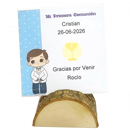 Carte de communion personnalisée avec un support tronc pour la décoration de table