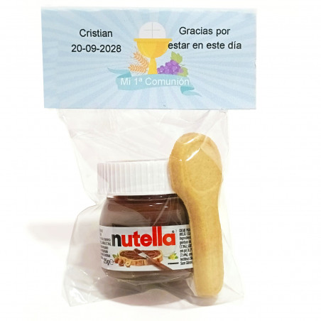 Nutella en petit pot avec cuillère en biscuit présenté dans un sac avec fermeture personnalisable pour la communion