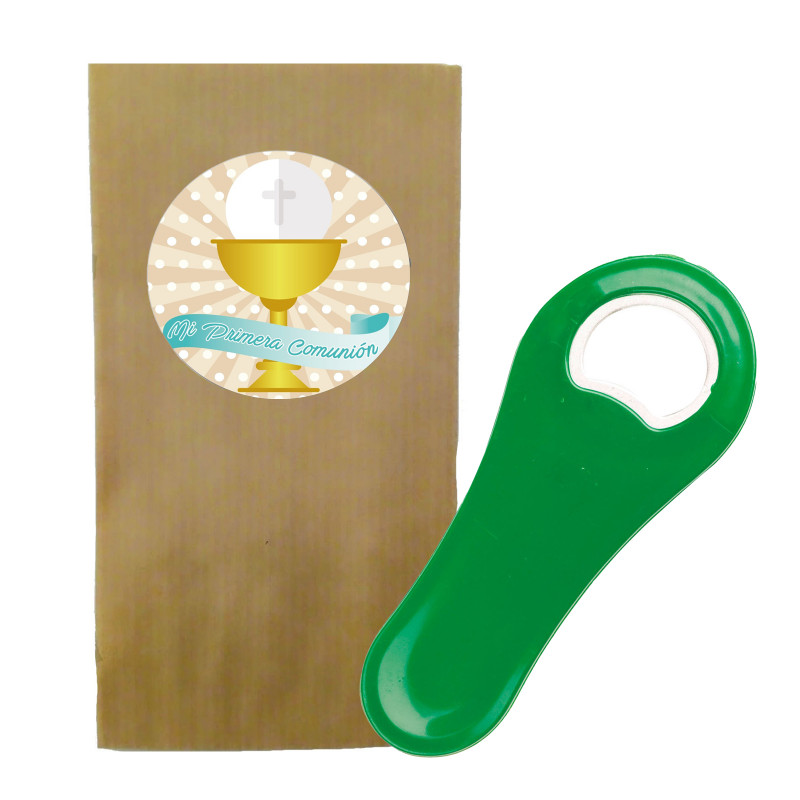 Ouvre bouteille aimanté avec enveloppe et autocollant de communion