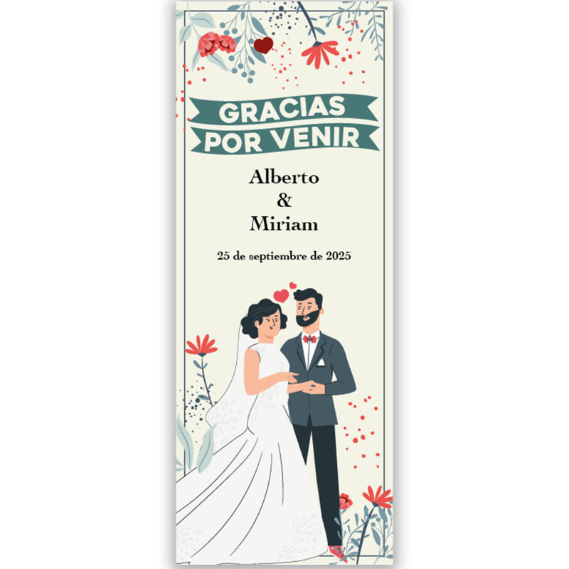 Adhésif personnalisé pour les mariages en vertical avec les mariés et des fleurs amusantes Adhésif personnalisé pour les mariages en vertical avec les mariés et des fleurs amusantes