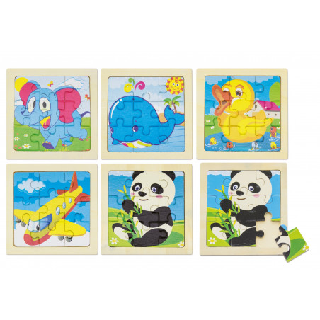 Cinq puzzles en bois pour enfants dans une boîte avec autocollant personnalisable