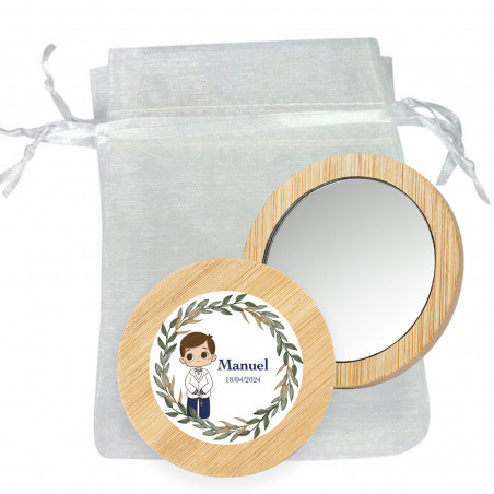 Miroir en bois avec autocollant de communion personnalisé dans un sachet en organza