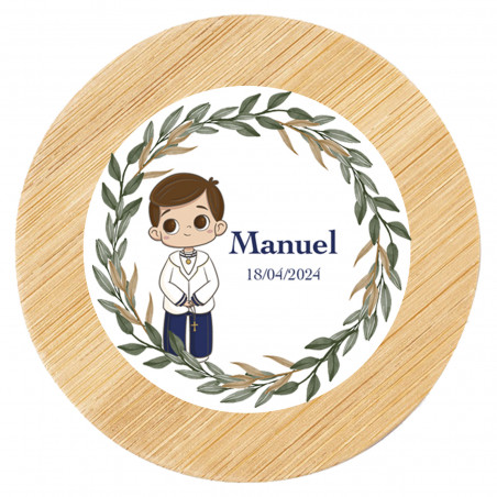 Miroir en bois avec autocollant de communion personnalisé dans un sachet en organza
