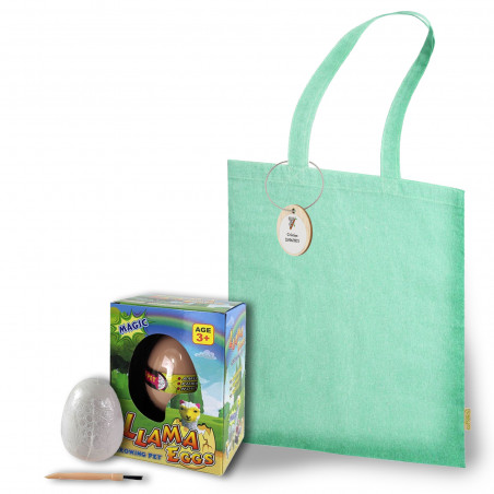 Dinosaures en cadeau présentés dans un sac en tissu avec un autocollant personnalisable sur une étiquette en bois