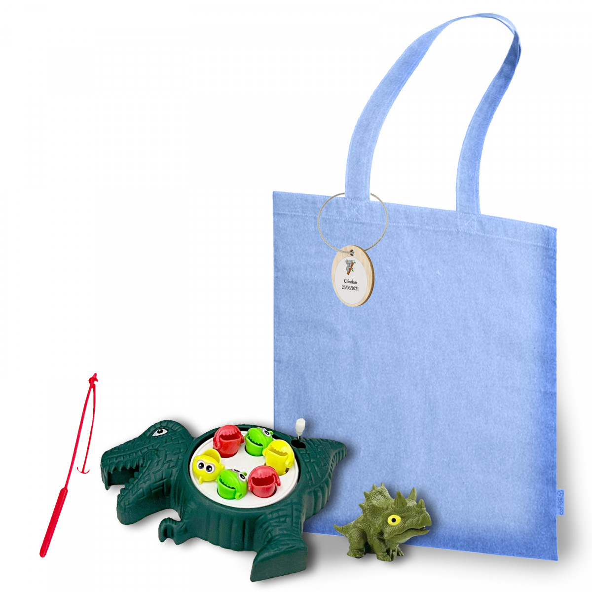 Jouets dinosaures et jeu de pêche présentés dans un sac en tissu avec autocollant personnalisable sur une étiquette en bois