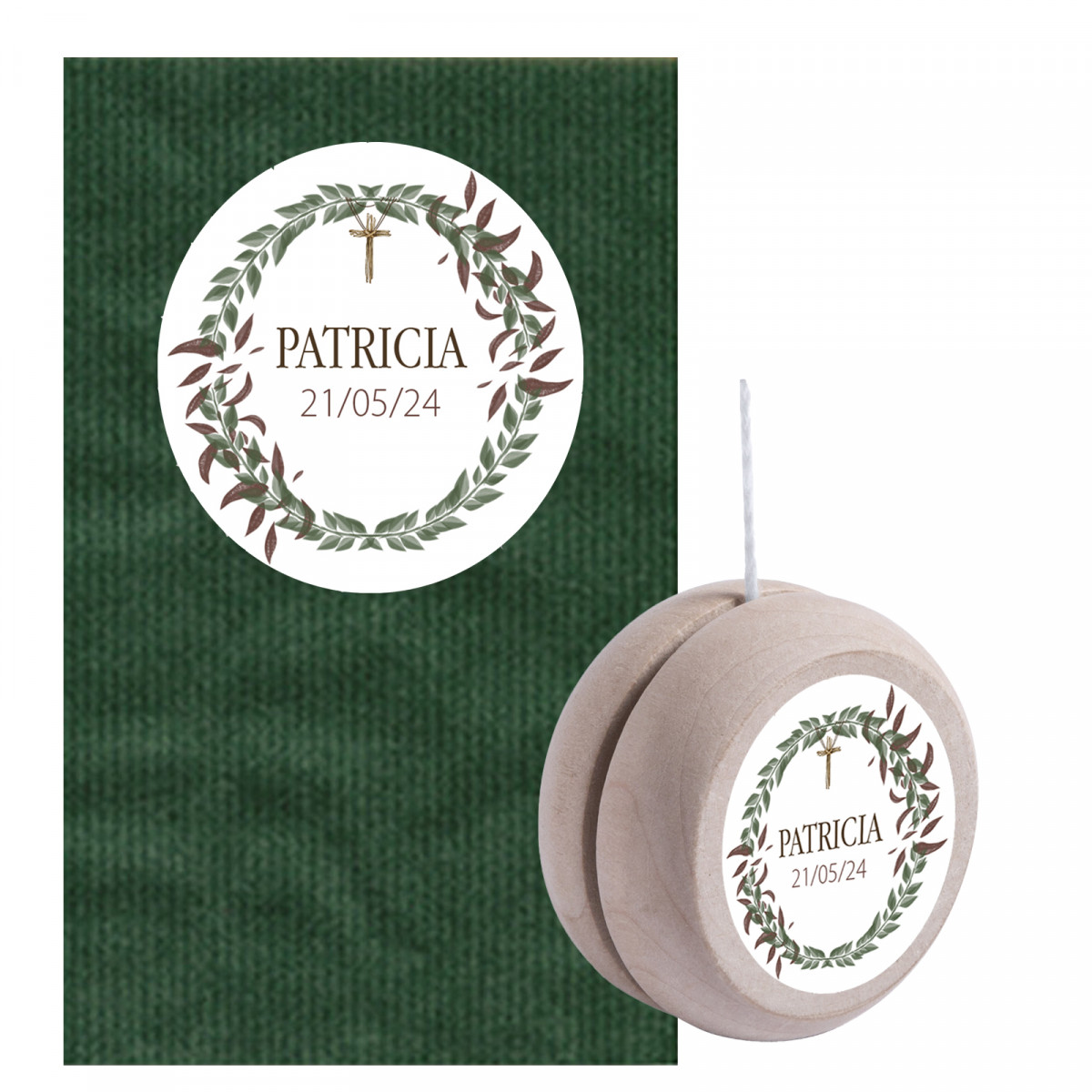 Yoyo en bois personnalisé pour communion avec enveloppe kraft verte