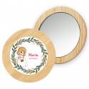 Miroir rond en bois avec autocollant communion fille personnalisé et pochette en tissu