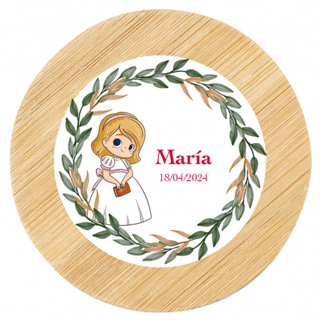 Miroir rond en bois avec autocollant de communion fille personnalisé dans un sac en tissu à offrir
