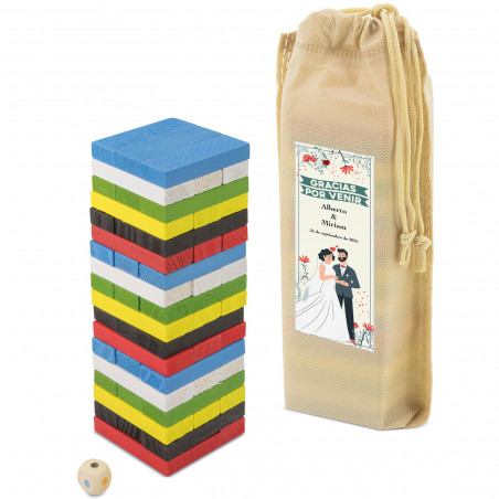 Jenga coloré avec sac et autocollant personnalisé