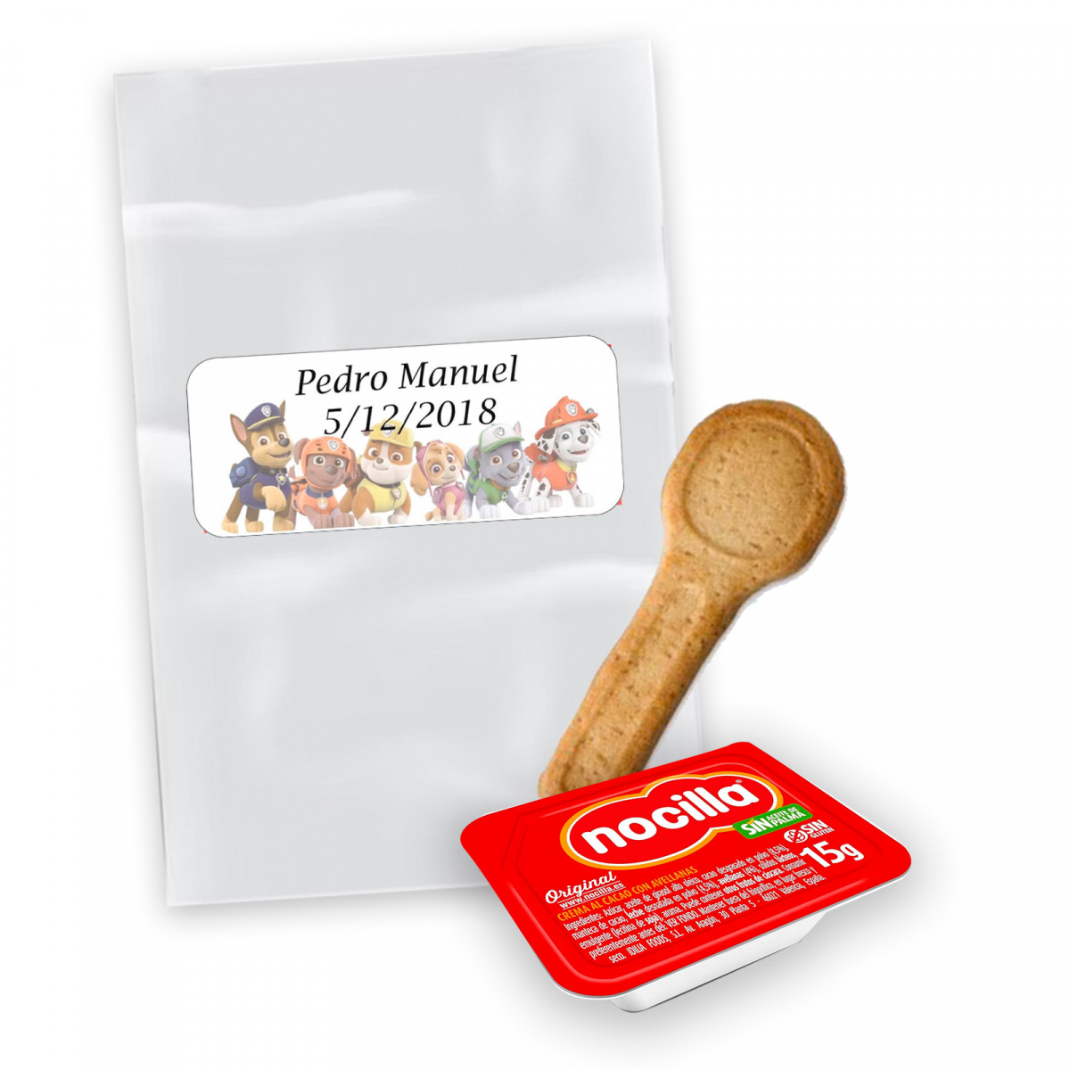 Nocilla mini 15gr avec cuillère en biscuit dans un sachet transparent comme cadeau d\'anniversaire