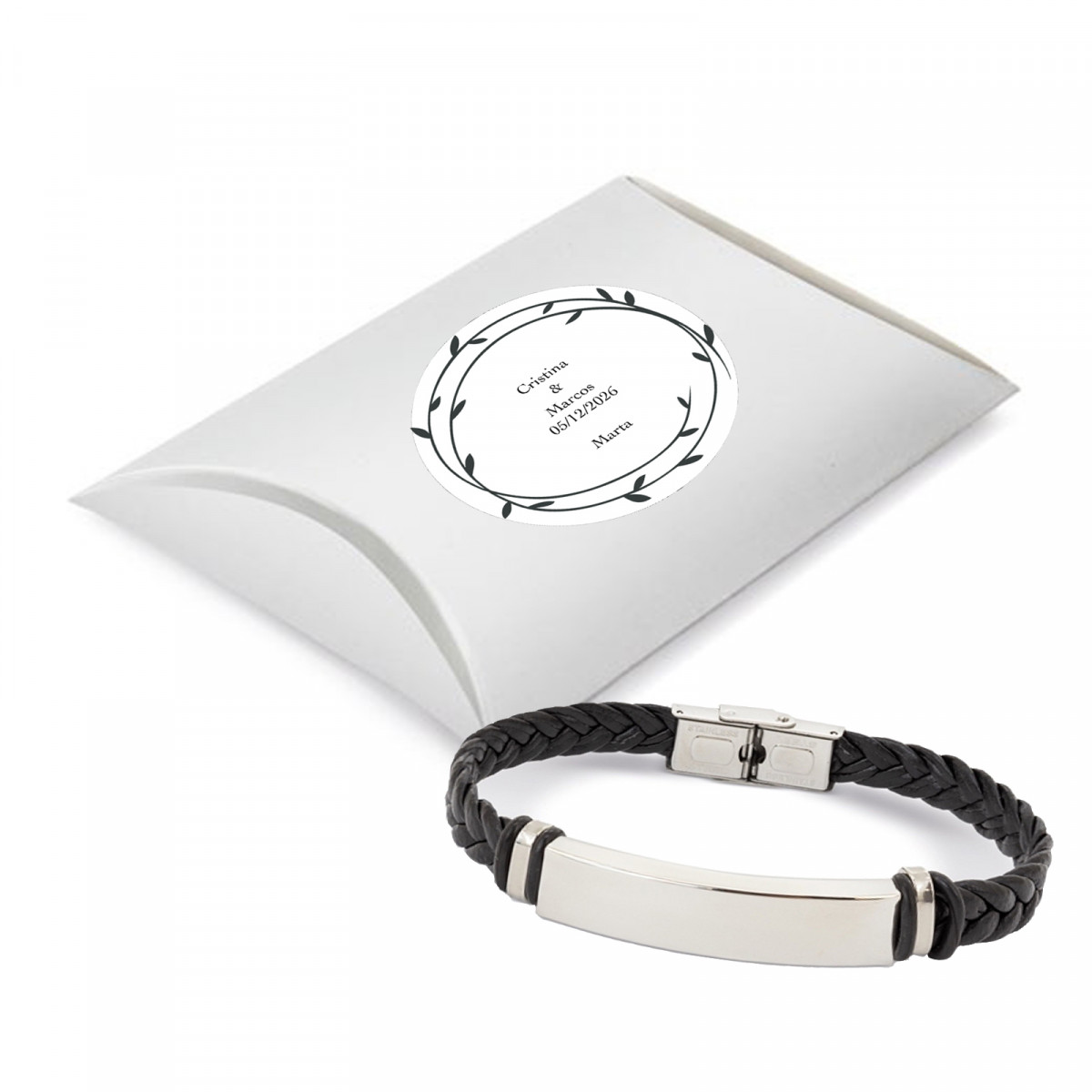 Bracelet tressé avec plaque en argent et boîte personnalisée avec adhésif