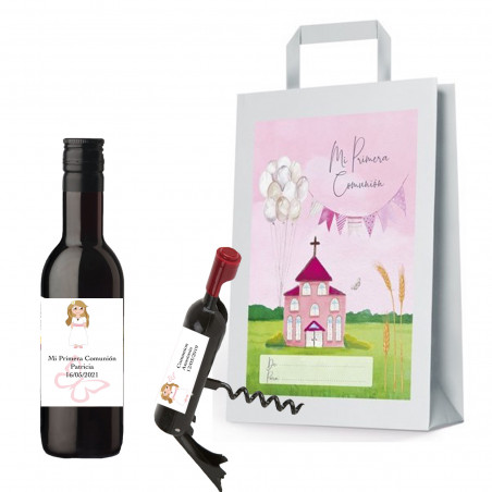 Bouteille de vin de communion avec tire bouchon personnalisé avec autocollants fille et pochette cadeau