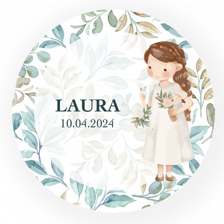 Autocollant personnalisé de 3 cm avec poupée pour communion de fille